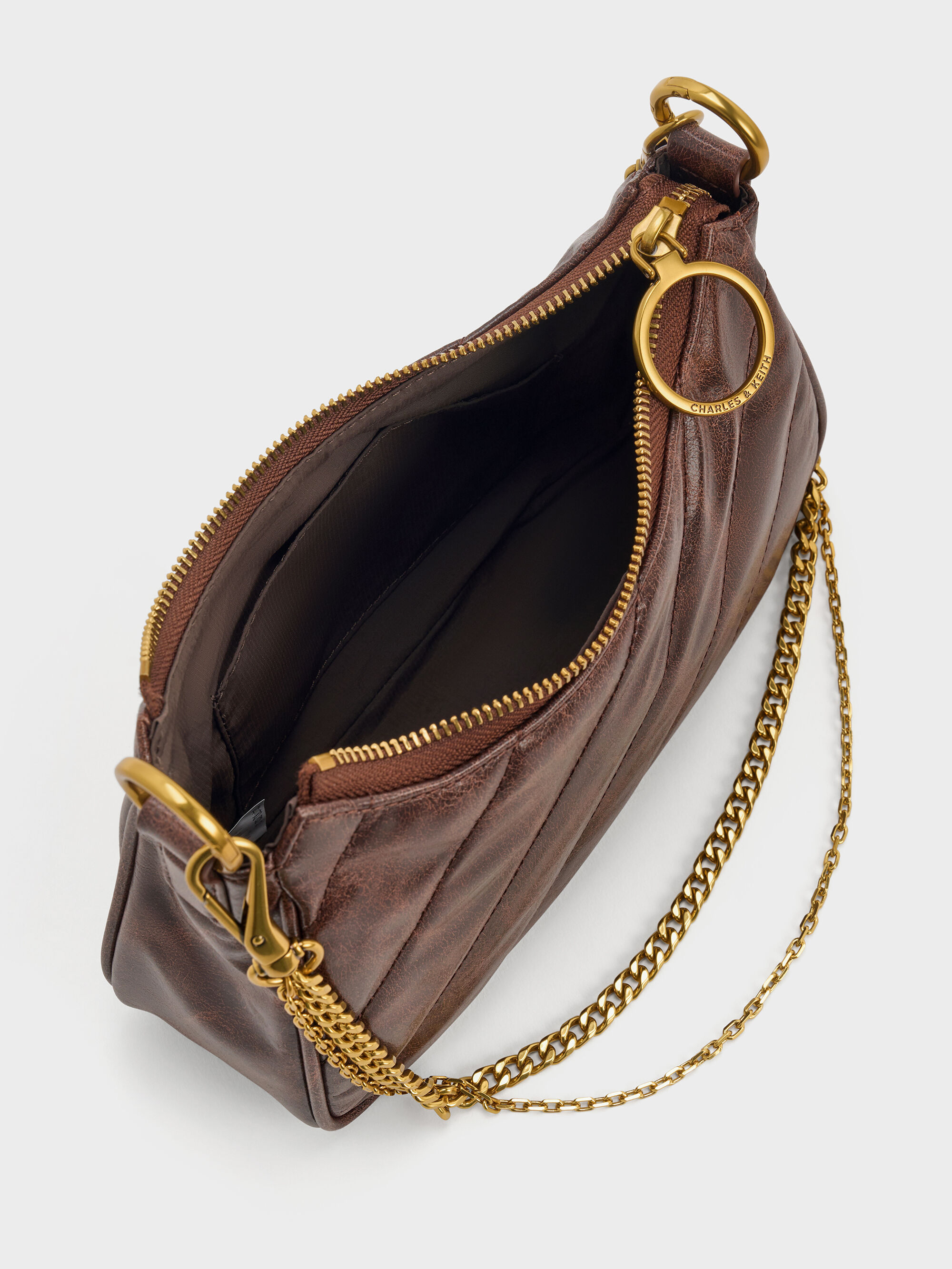 Distressed Coffee Philomena Crinkle-Effect Chain-Strap Crossbody