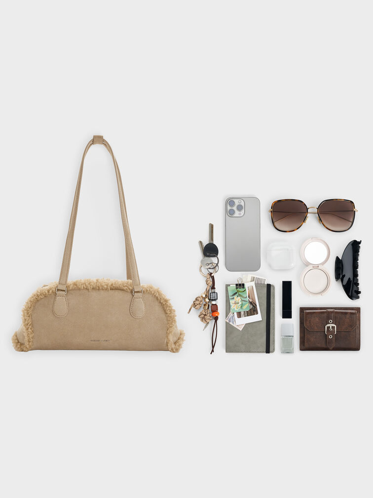 Nelly Recycled Suede & Faux Shearling Elongated Shoulder Bag, Nutmeg Beige, hi-res