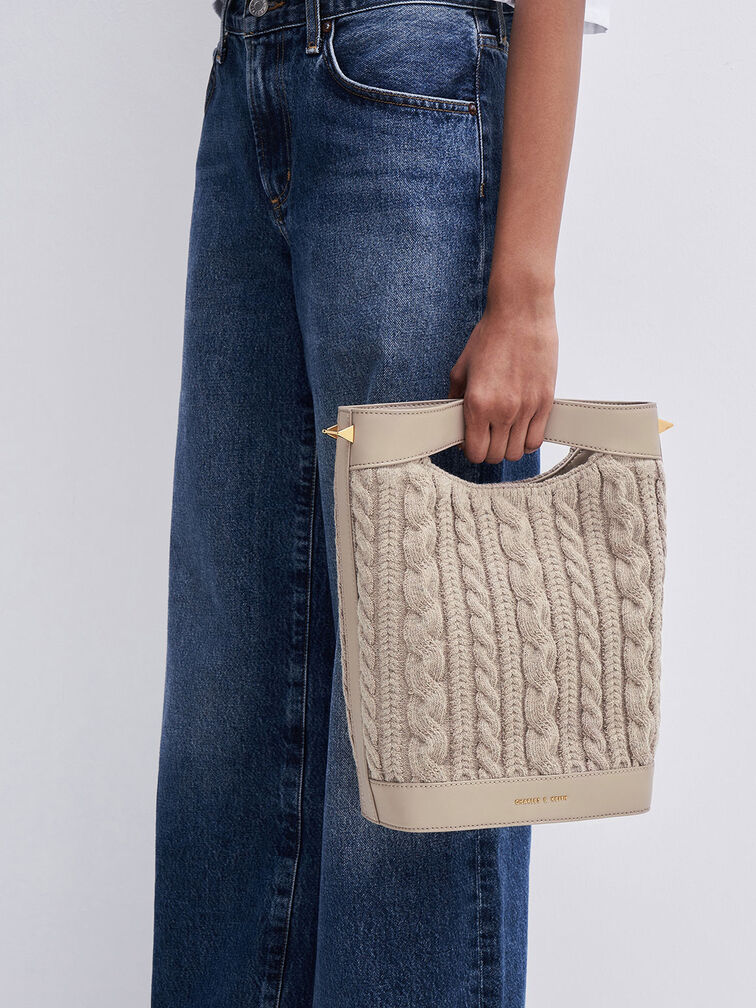 Taupe Apolline Textured Knit Bucket Bag - CHARLES & KEITH IN