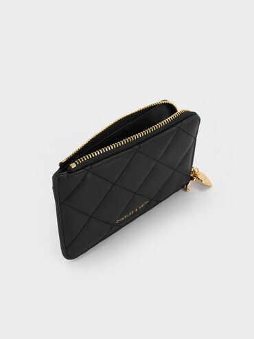 Arrietty Quilted Bow-Heart Charm Zip-Around Wallet, Black, hi-res