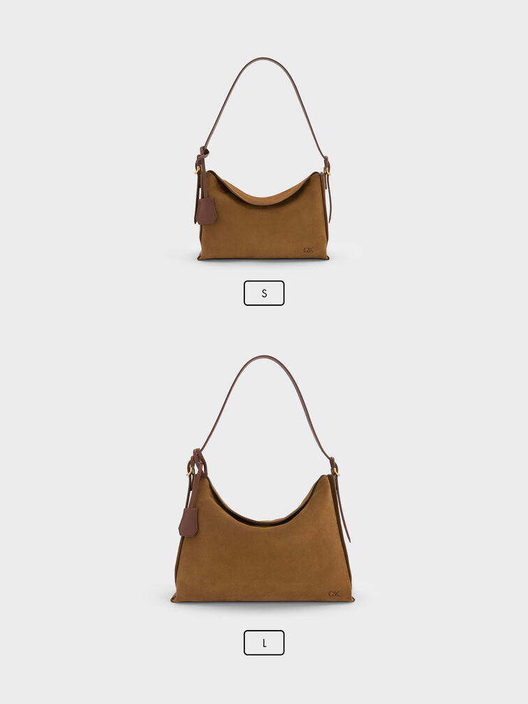 Leather & Suede Top-Flap Hobo Bag, Brown, hi-res