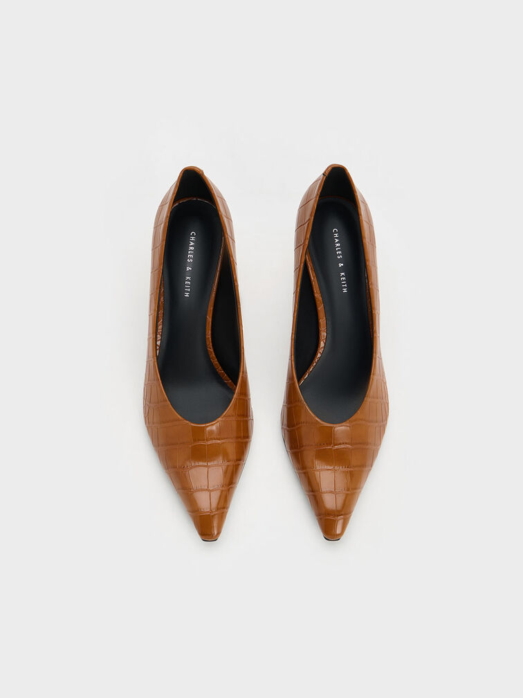 Croc-Effect Slant Heel Pumps, Animal Print Brown, hi-res