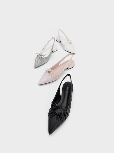 Bow Ruched Slingback Flats, White, hi-res