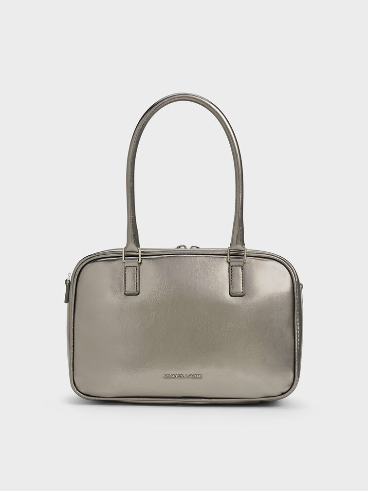 Sianna Metallic Crinkle-Effect Bowling Bag, Pewter, hi-res
