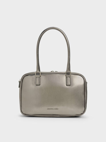 Sianna Metallic Crinkle-Effect Bowling Bag, Pewter, hi-res