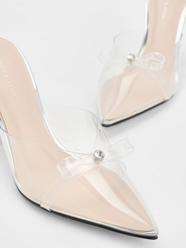 Embellished Bow See-Through Mules, Silver, hi-res