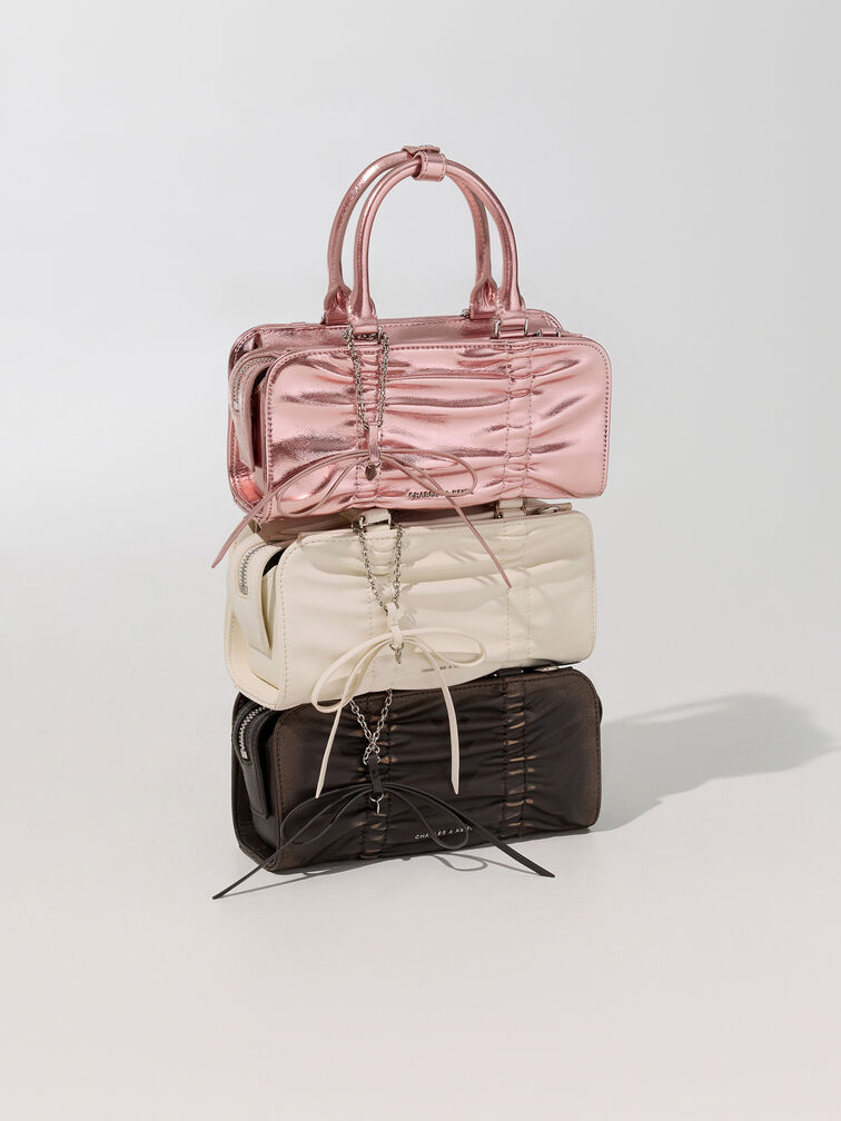 Kadee Metallic Ruched Bow-Charm Bowling Bag, Aura Pink, hi-res