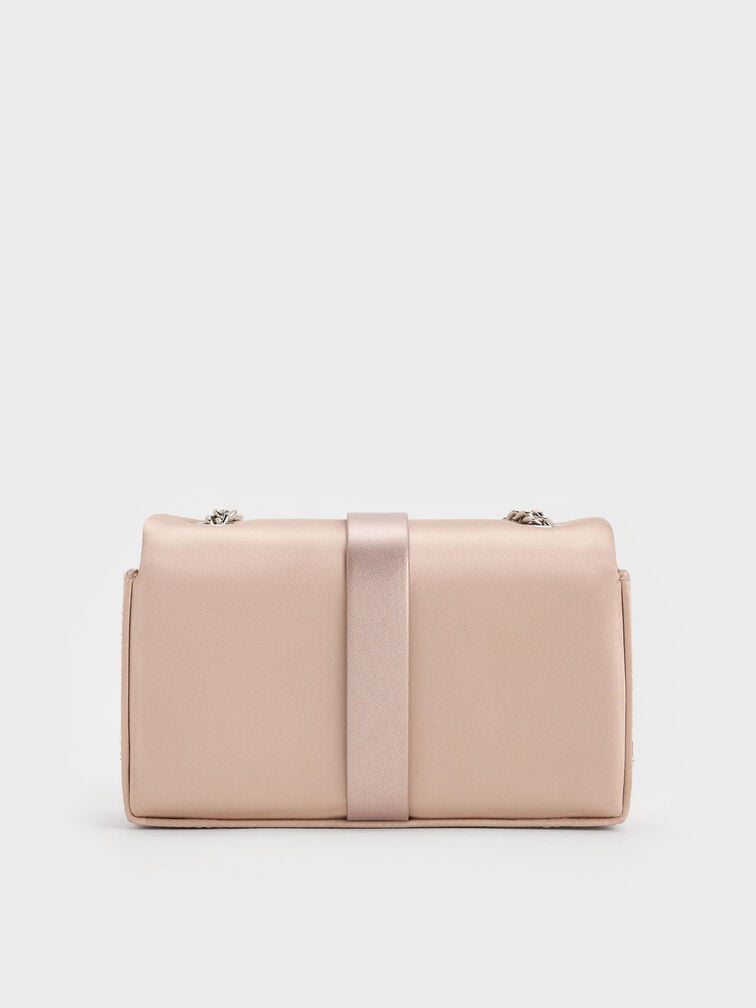 Satin Crystal-Buckle Belted Chain-Handle Bag, Sunset Nude, hi-res