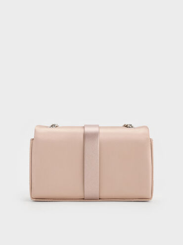 Satin Crystal-Buckle Belted Chain-Handle Bag, Sunset Nude, hi-res