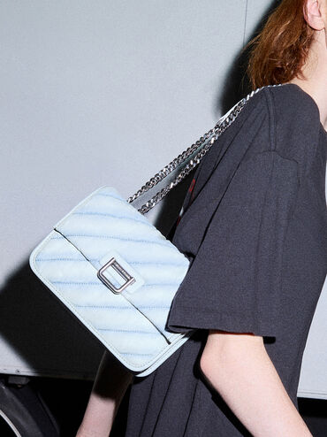 Neva Denim Panelled Chain-Strap Crossbody Bag, Light Washed Denim, hi-res