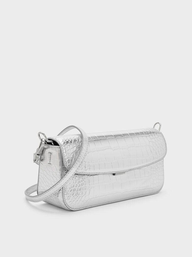Metallic Croc-Effect Chain-Handle Shoulder Bag, Silver, hi-res