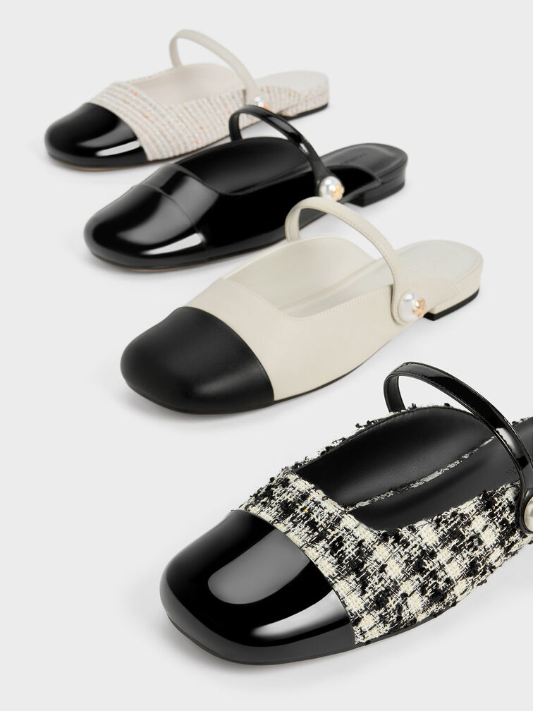 Aeryn Tweed Pearl Embellished Flat Mules, Black Textured, hi-res
