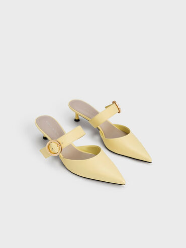 Buckled Strap Spool Heel Mules, Yellow, hi-res