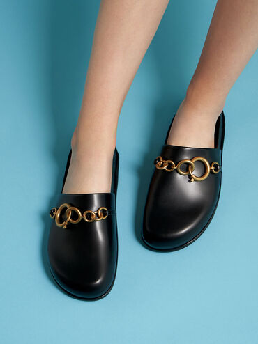 Chain Link Flat Mules, Black, hi-res