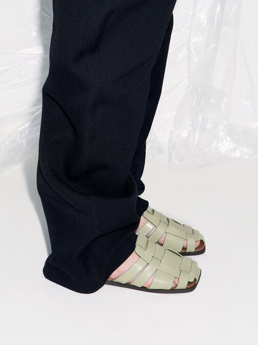 Woven Flat Mules, Sage Green, hi-res