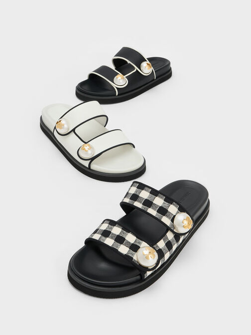 Pearl Embellished Contrast-Trim Slides, White, hi-res