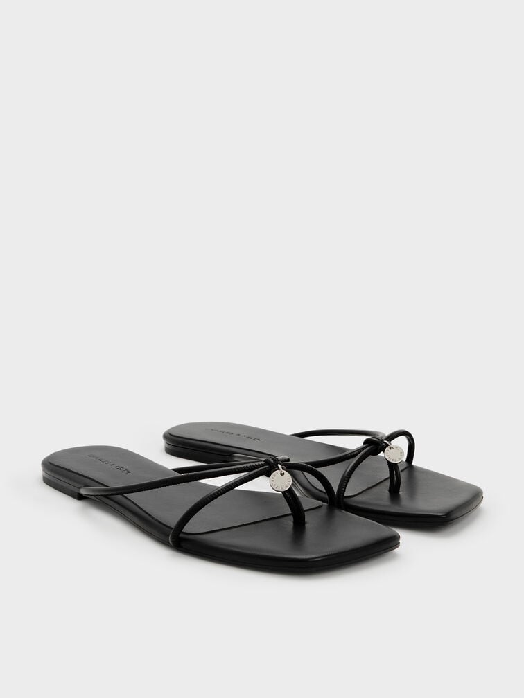 Metallic-Charm Strappy Thong Sandals, Black, hi-res