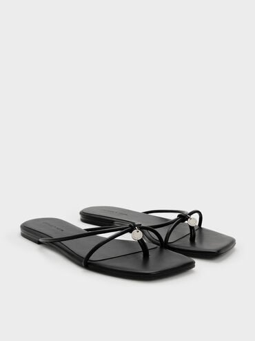 Metallic-Charm Strappy Thong Sandals, Black, hi-res