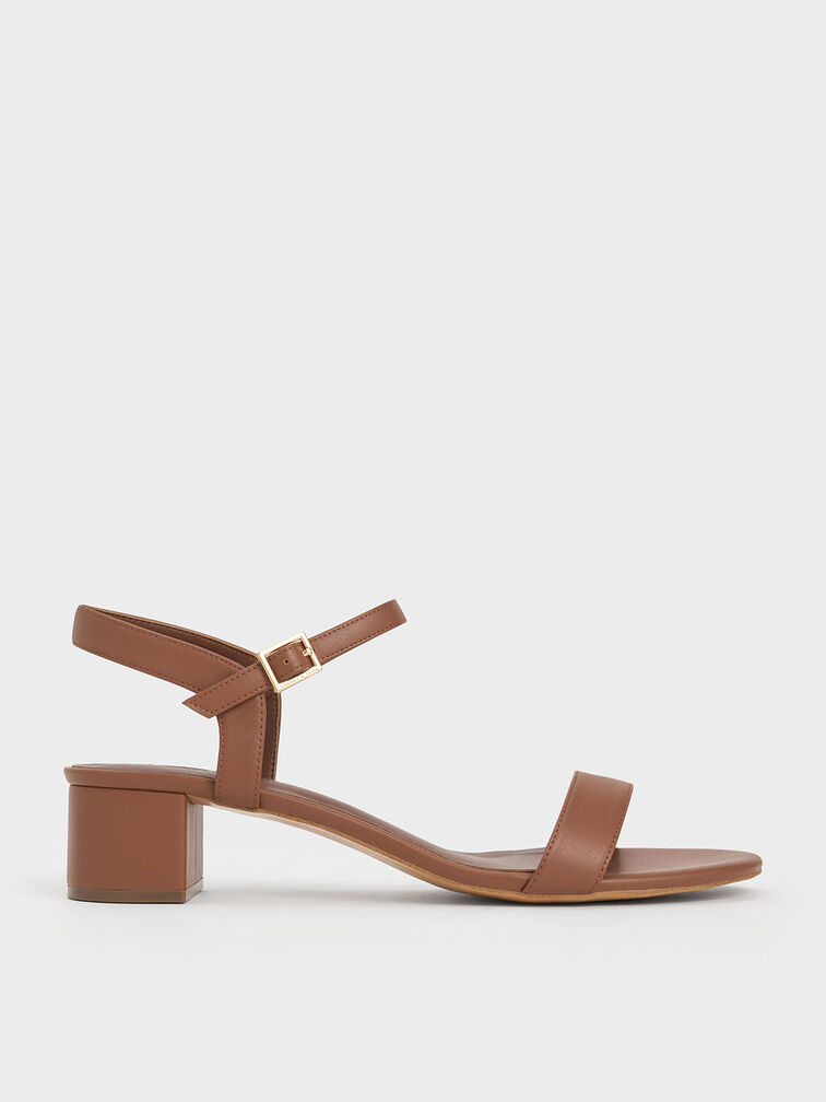 Block Heel Ankle-Strap Sandals, Brown, hi-res