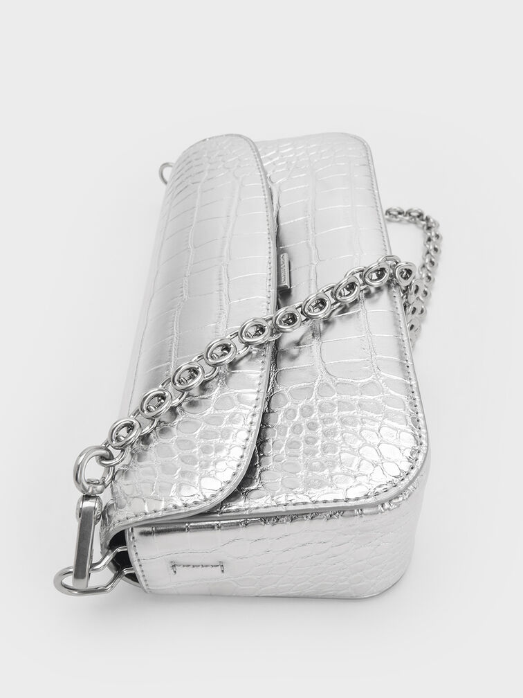 Metallic Croc-Effect Chain-Handle Shoulder Bag, Silver, hi-res