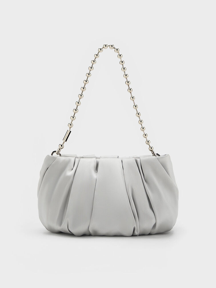 Satin Ruched Bead-Handle Bag, Silver, hi-res