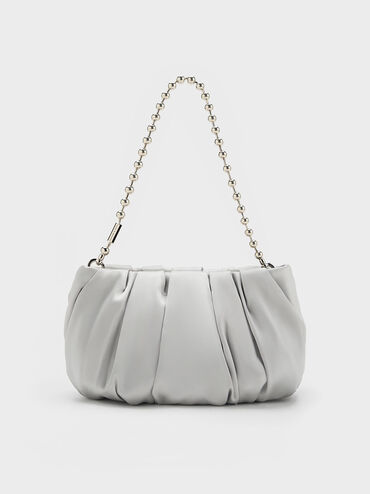 Satin Ruched Bead-Handle Bag, Silver, hi-res
