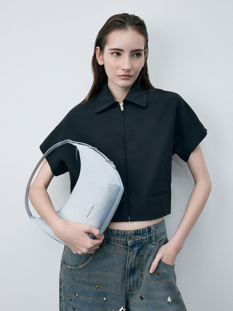 Bryna Denim Curved Hobo Bag, Light Washed Denim, hi-res