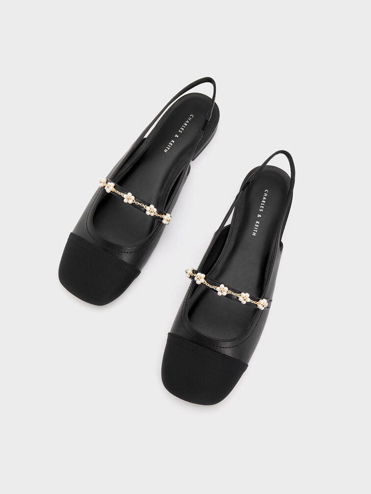 Beaded Flower Slingback Flats, Black, hi-res