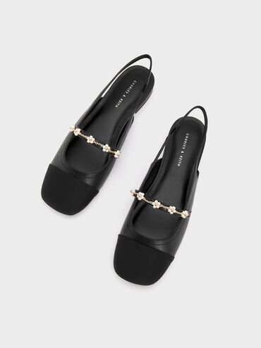 Beaded Flower Slingback Flats, Black, hi-res