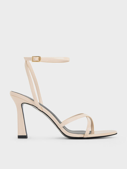 Patent Crossover-Strap Heeled Sandals, Cream, hi-res