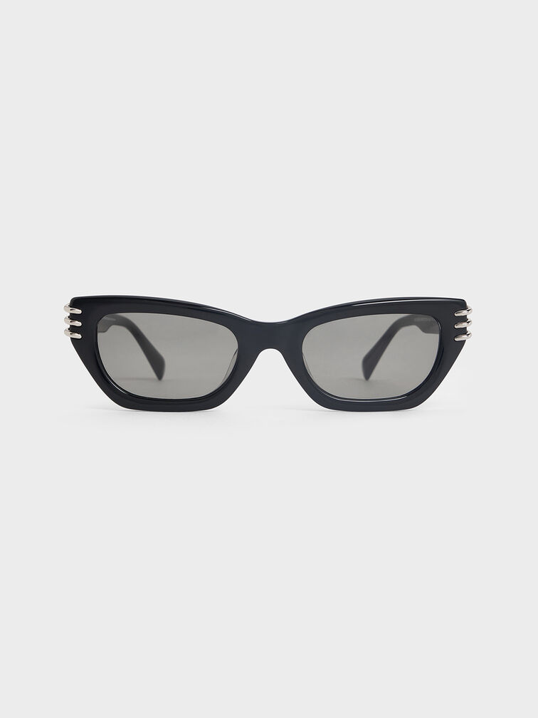 Recycled Acetate Metallic-Accent Angular Cat-Eye Sunglasses, Noir, hi-res