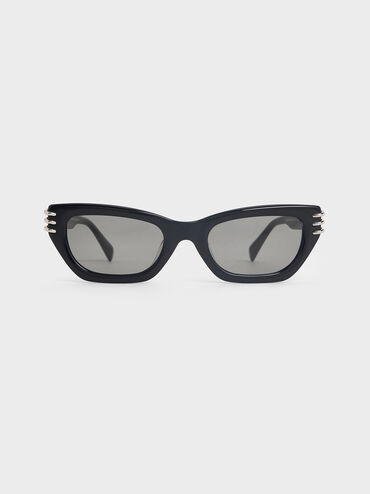Recycled Acetate Metallic-Accent Angular Cat-Eye Sunglasses, Noir, hi-res
