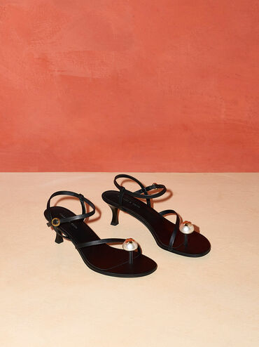 Pearl Embellished Strappy Sandals, Black, hi-res