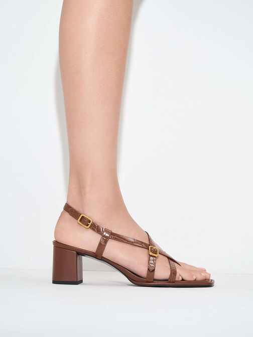Croc-Effect Strappy Block-Heel Thong Sandals, Animal Print Brown, hi-res