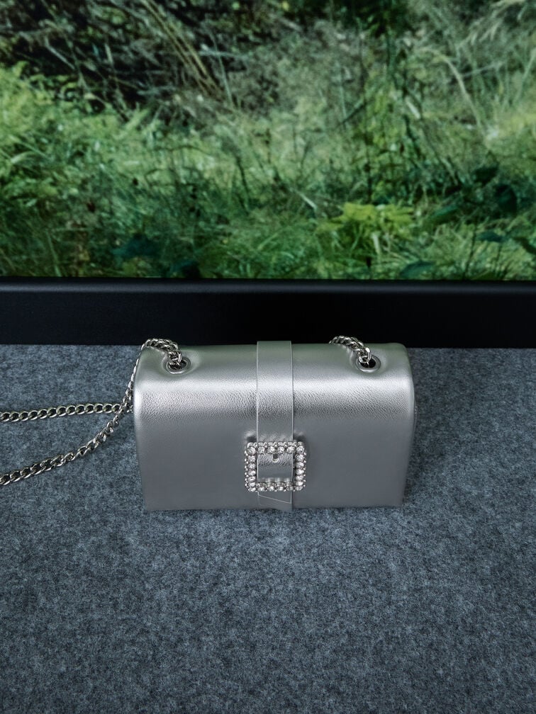 Metallic Crystal-Buckle Belted Chain-Handle Bag, Silver, hi-res