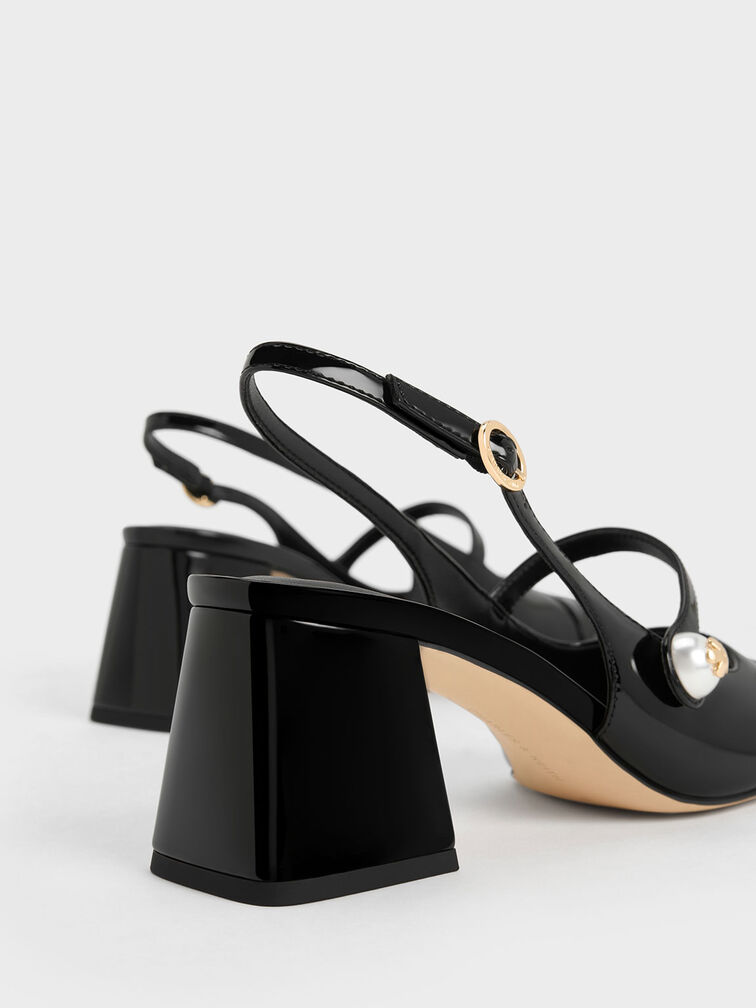 Patent Pearl Embellished Trapeze-Heel Slingback Pumps, Black Patent, hi-res