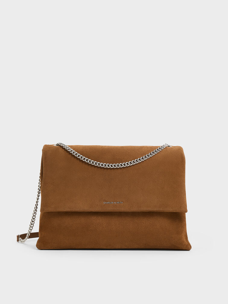Sianna Recycled Suede Chain-Handle Shoulder Bag, Sienna Brown, hi-res