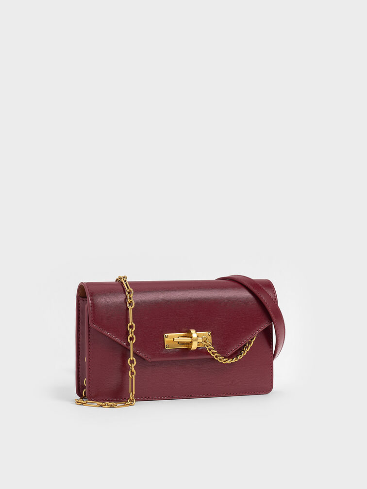 Samantha Envelope Chain-Embellished Crossbody Bag, Burgundy, hi-res