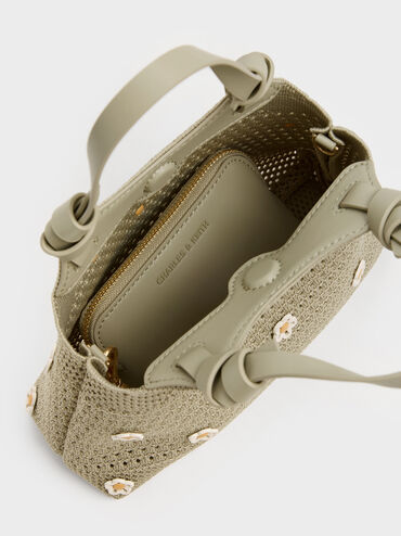 Mini Ida Flower Knitted Tote Bag, Pale Olive, hi-res