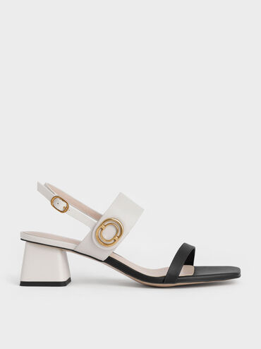 Metallic Accent Trapeze Heel Sandals, Black Textured, hi-res
