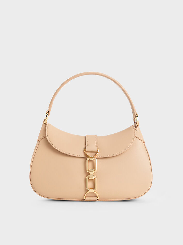 Agatha Chain-Accent Hobo Bag, Beige, hi-res