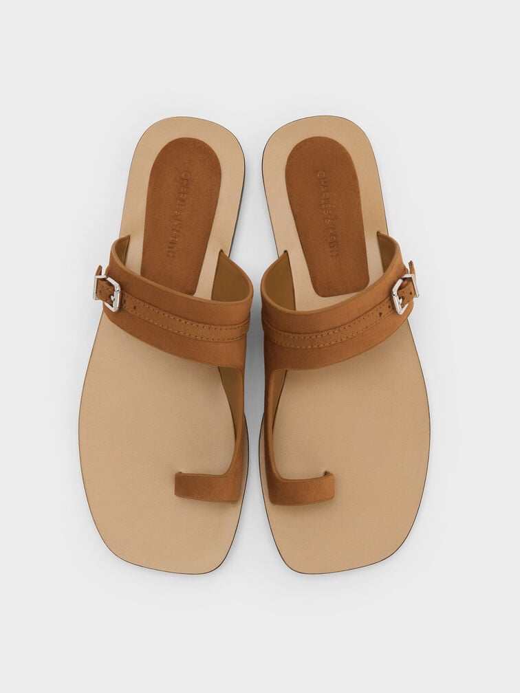 Faux Suede Buckled Toe-Ring Sandals, Cognac, hi-res