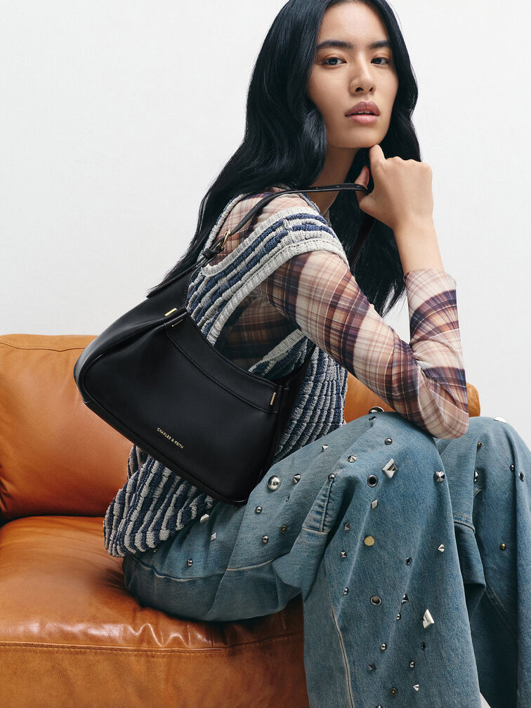 Clarice Pleated Shoulder Bag, Black, hi-res