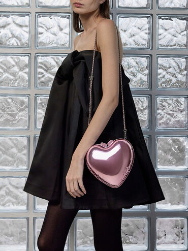 Metallic Heart Crossbody Bag, Pink, hi-res