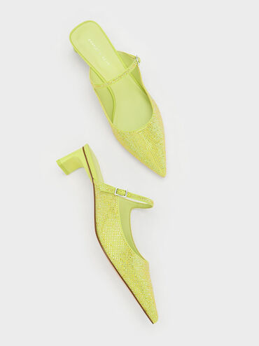 Gem-Embellished Blade Heel Mules, Lime, hi-res