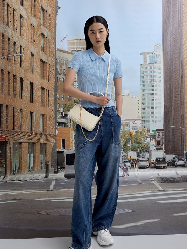 Elspeth Croc-Effect Chain-Link Shoulder Bag, Cream Croco, hi-res