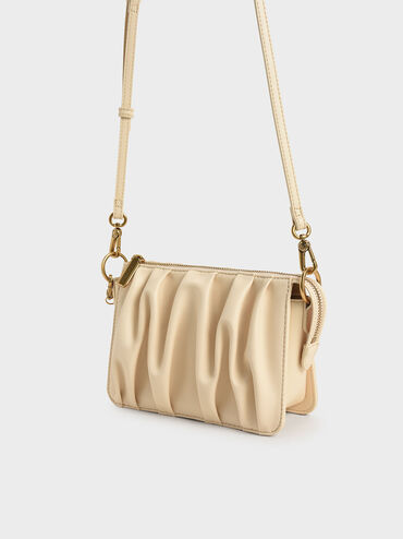 Ruched Bead-Handle Shoulder Bag, Beige, hi-res