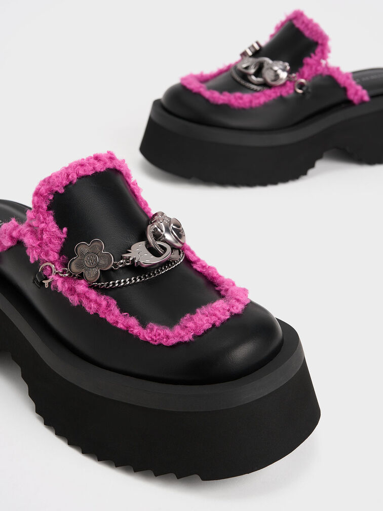 Lotso Fur-Trim Embellished Platform Mules, Black Textured, hi-res
