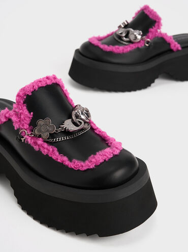 Lotso Fur-Trim Embellished Platform Mules, Black Textured, hi-res