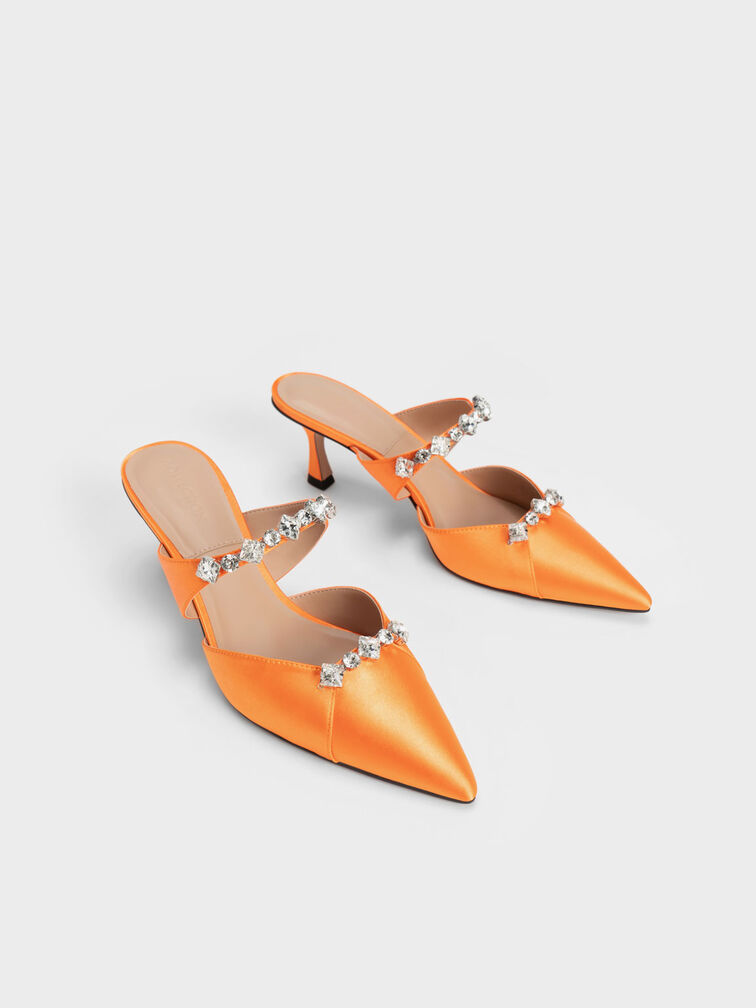 Gem-Embellished Mules, Orange, hi-res